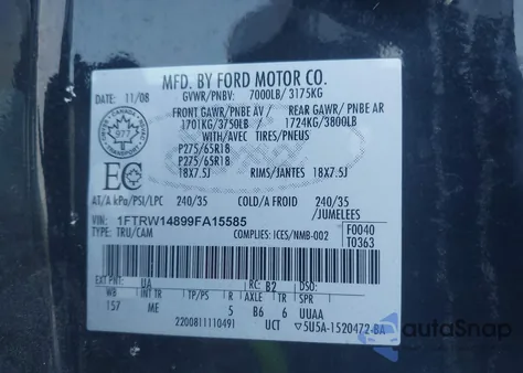 2009 Ford F-150 Xl/Xlt z USA, uszkodzony, nr VIN 1FTRW14899FA15585